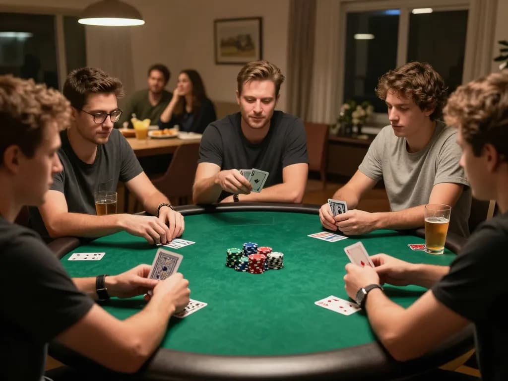 Friends playing poker at home, showcasing strategic gameplay and fun moments at an 888bgo gaming night