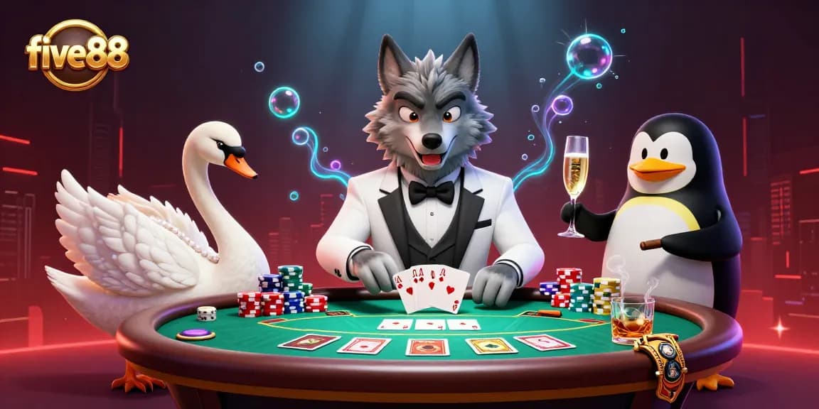 Experience thrilling gameplay at five88 with a debonair wolf and elegant companions in a vibrant casino scene.