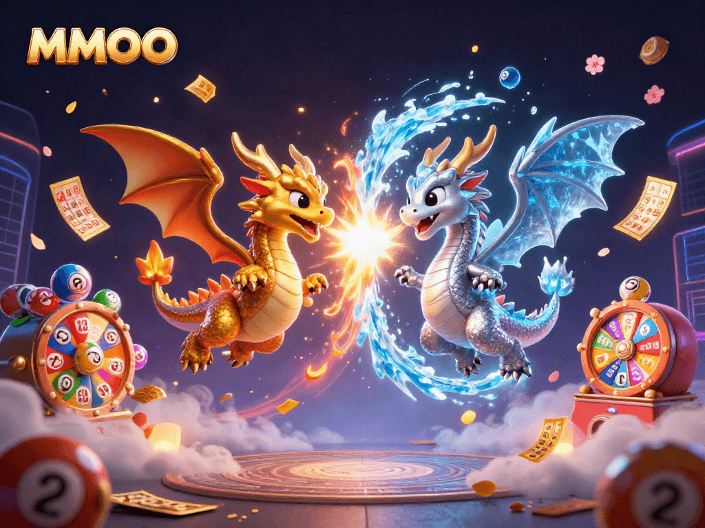 MMOO casino-themed illustration with dragons, lottery balls, and dynamic elements.