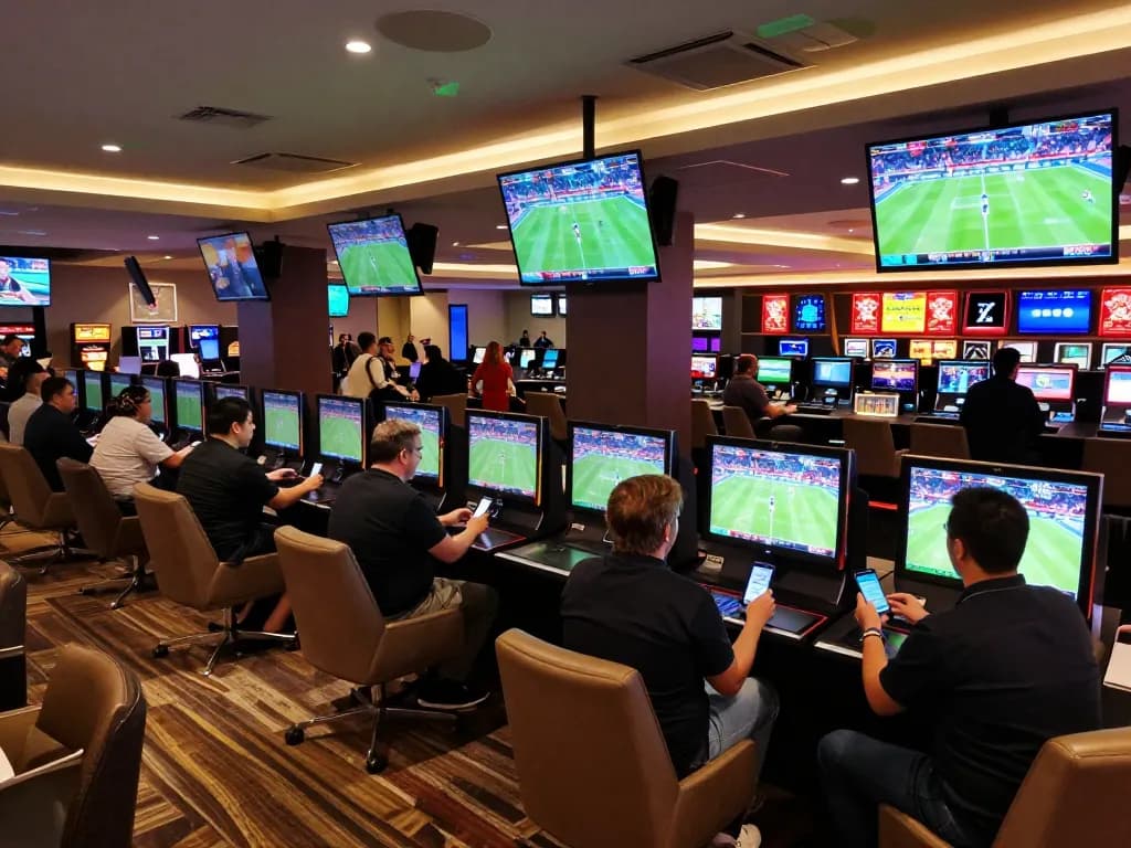 23win bettors placing wagers in an upscale sports betting lounge, showcasing excitement and engaging atmosphere