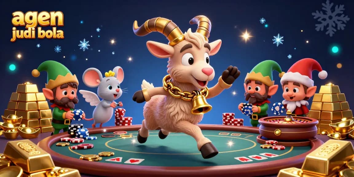 Engage with the dynamic agen judi bola scene filled with festive characters and casino elements.