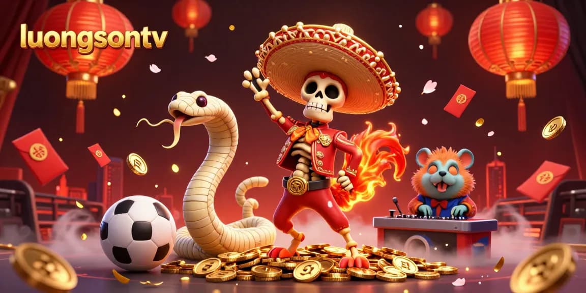 Join the thrilling action with luongsontv, where the sporty mariachi rooster celebrates wins alongside vibrant sports elements.