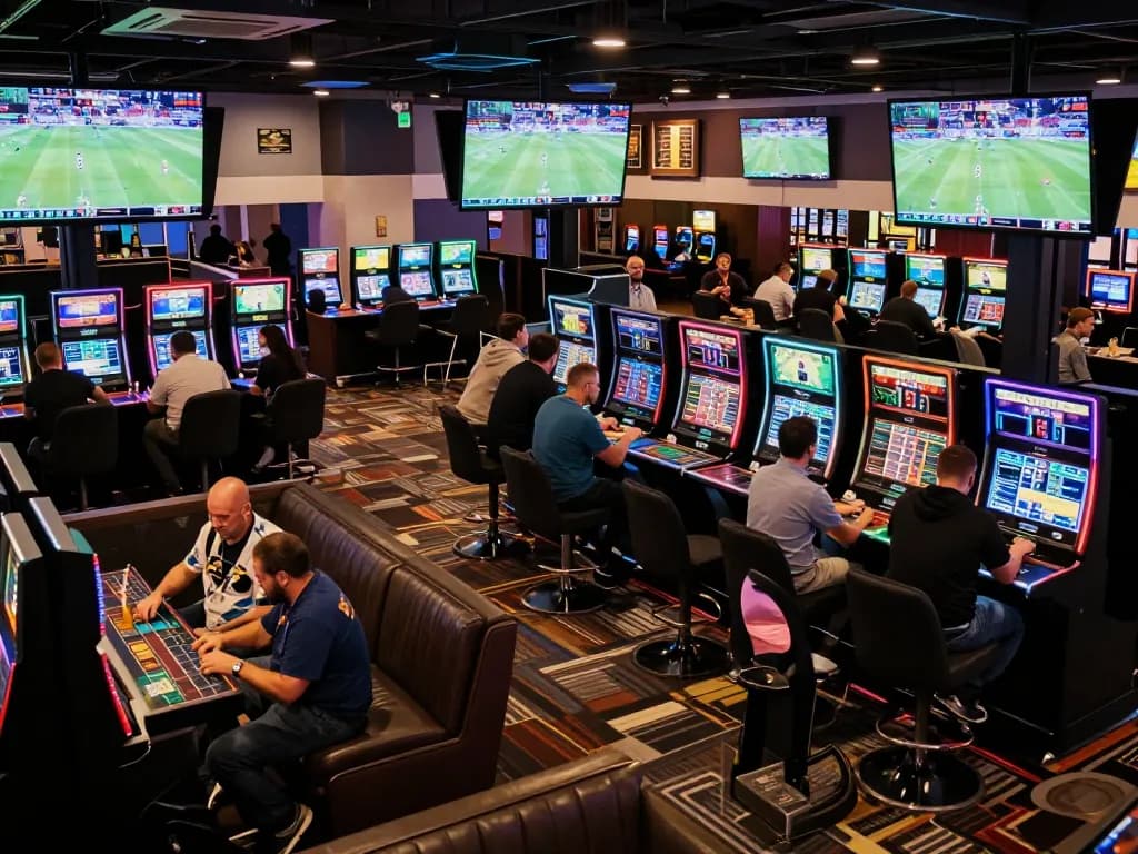Bongdalu users engaging in strategic sports betting at a modern casino with live odds on screens.