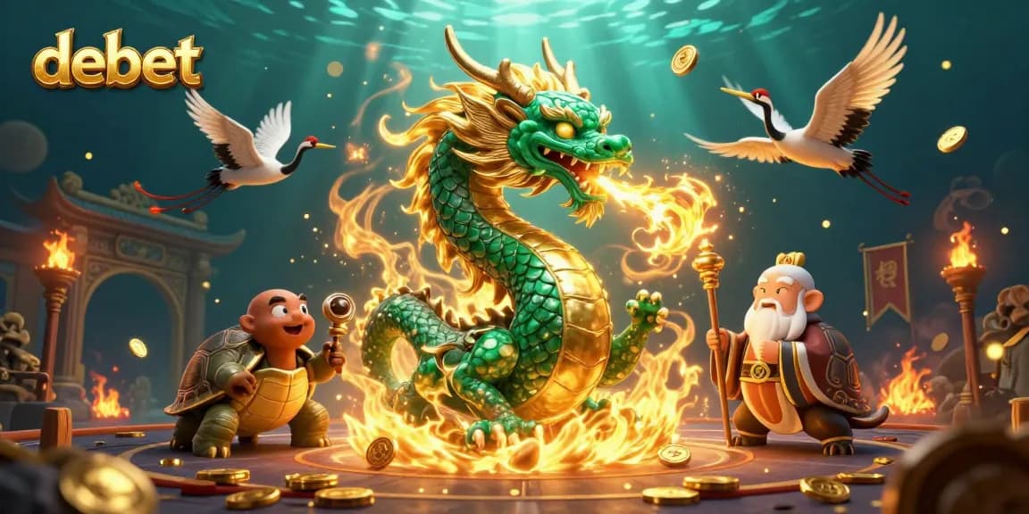 Experience action at the debet casino with vibrant dragons and lucky symbols in this dynamic illustration.