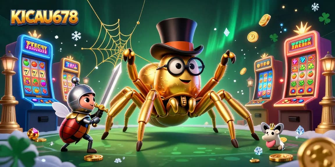 KICAU678 showcases a thrilling casino scene with a golden tarantula and beetle knight amid vibrant slot machines.