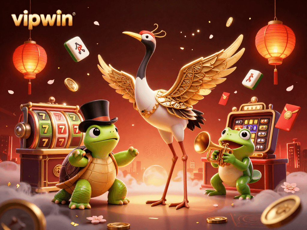 Experience thrilling wins at vipwin casino with vibrant 3D illustrations of games and characters.