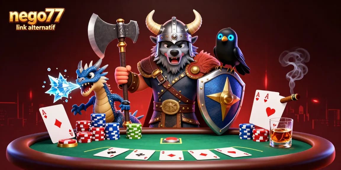 Engage with the thrilling world of NEGO77 link alternatif, featuring a Viking wolf warrior and a fierce dragon in a vibrant poker setting.