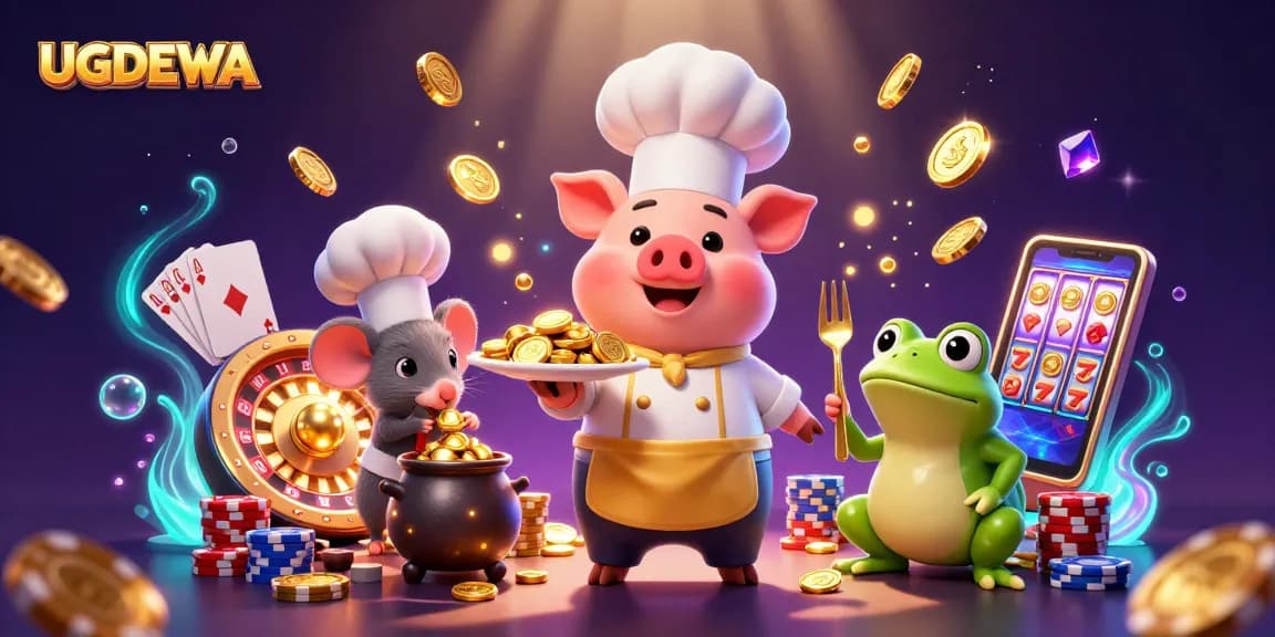 Engage with UGDEWA’s exciting gaming world featuring a chef and frog amid golden coins.