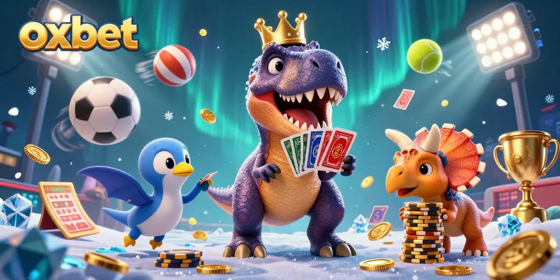 Experience thrilling gameplay at oxbet with a fun-packed scene of gaming dinosaurs and sports elements.