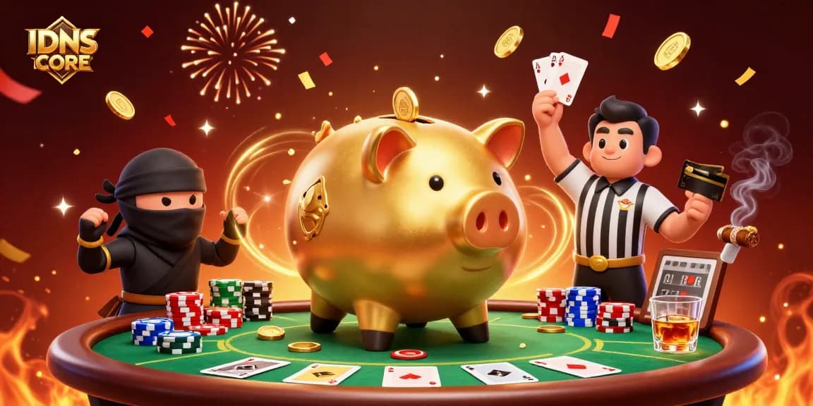 IDNSCORE showcases exciting gameplay with golden piggy bank sumo wrestler and dynamic poker elements.
