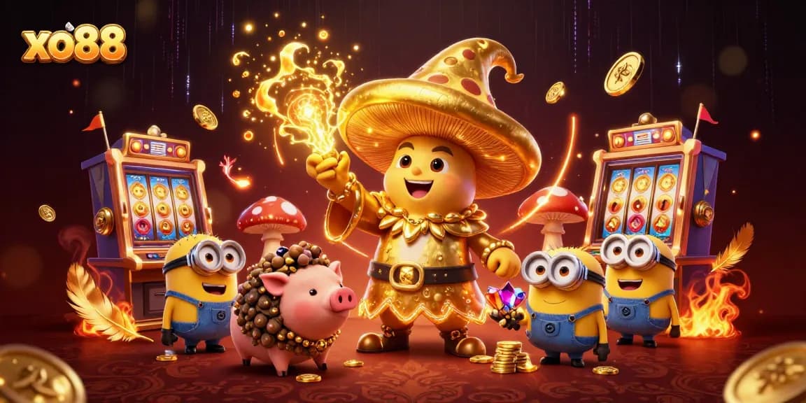 Spin to win with xo88, featuring a golden wizard, treasure pig, and vibrant casino elements.