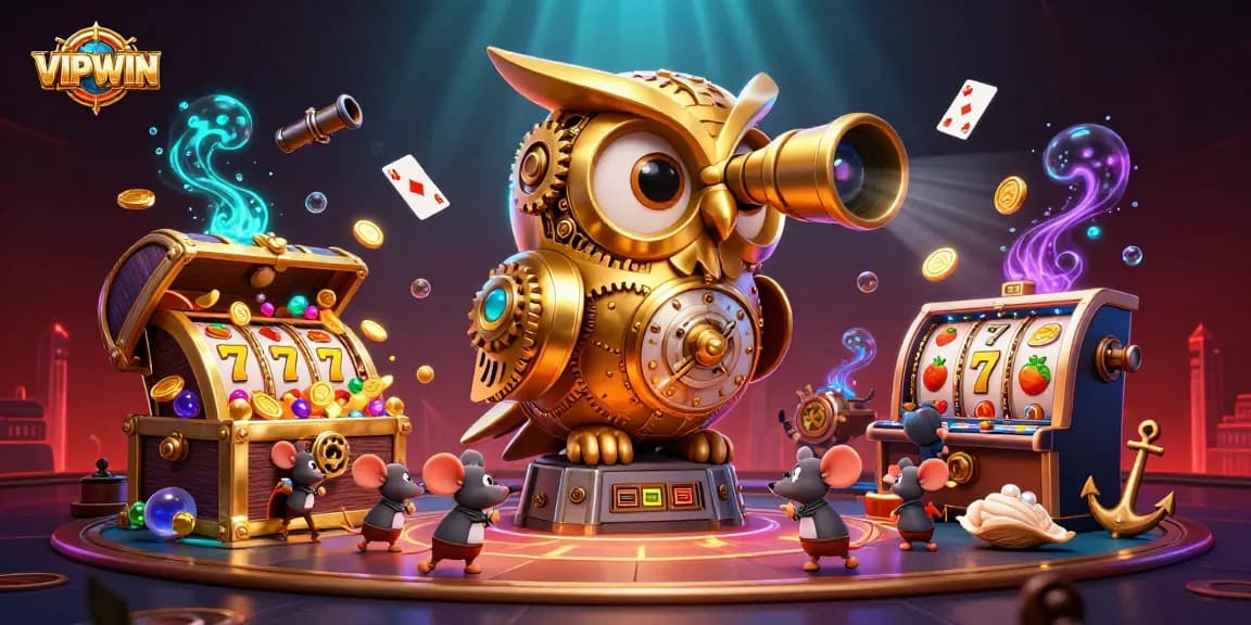 Experience the excitement of VIPWIN with a stunning 3D casino illustration featuring a clockwork owl and dynamic game elements.