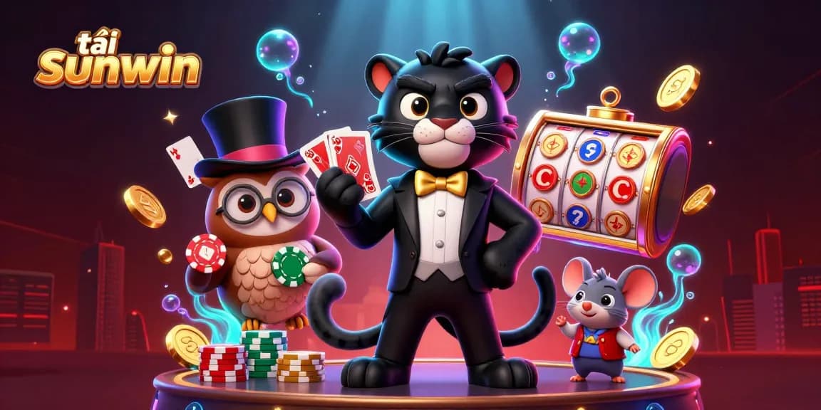 Play engaging games with tải sunwin in a vibrant casino scene featuring animated characters and various game elements.
