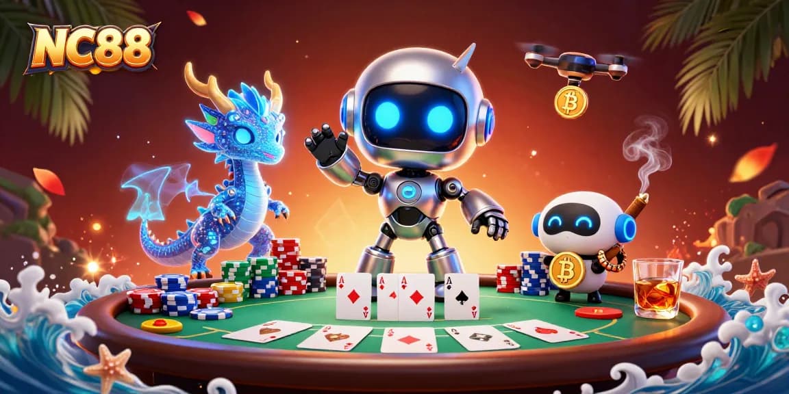 Engage in thrilling gameplay with NC88 in this vibrant casino scene filled with poker elements and 3D characters.