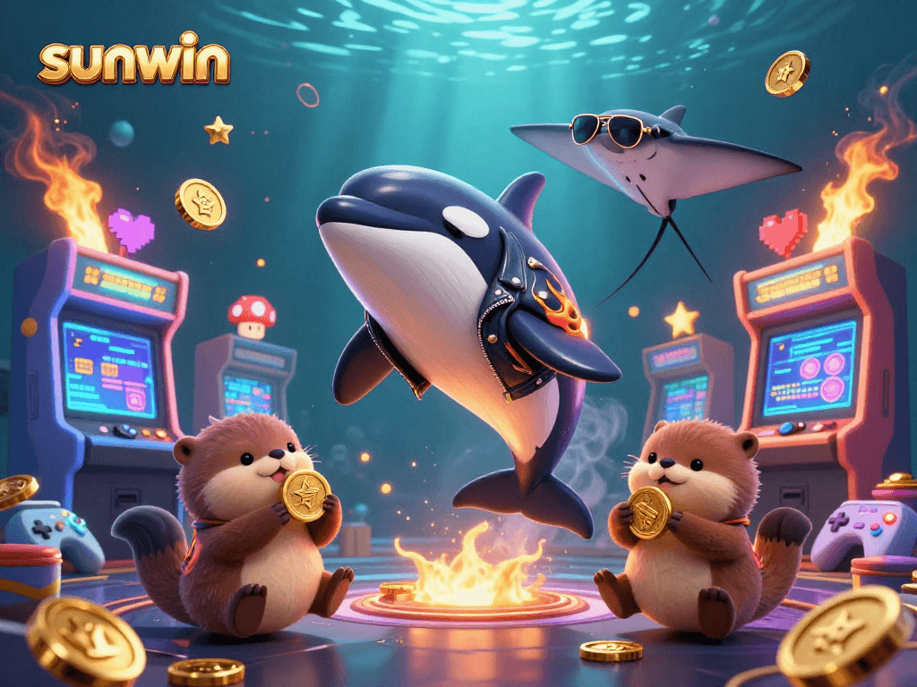 Experience exciting gameplay with sunwin's vibrant 3D characters in this casino-themed illustration.