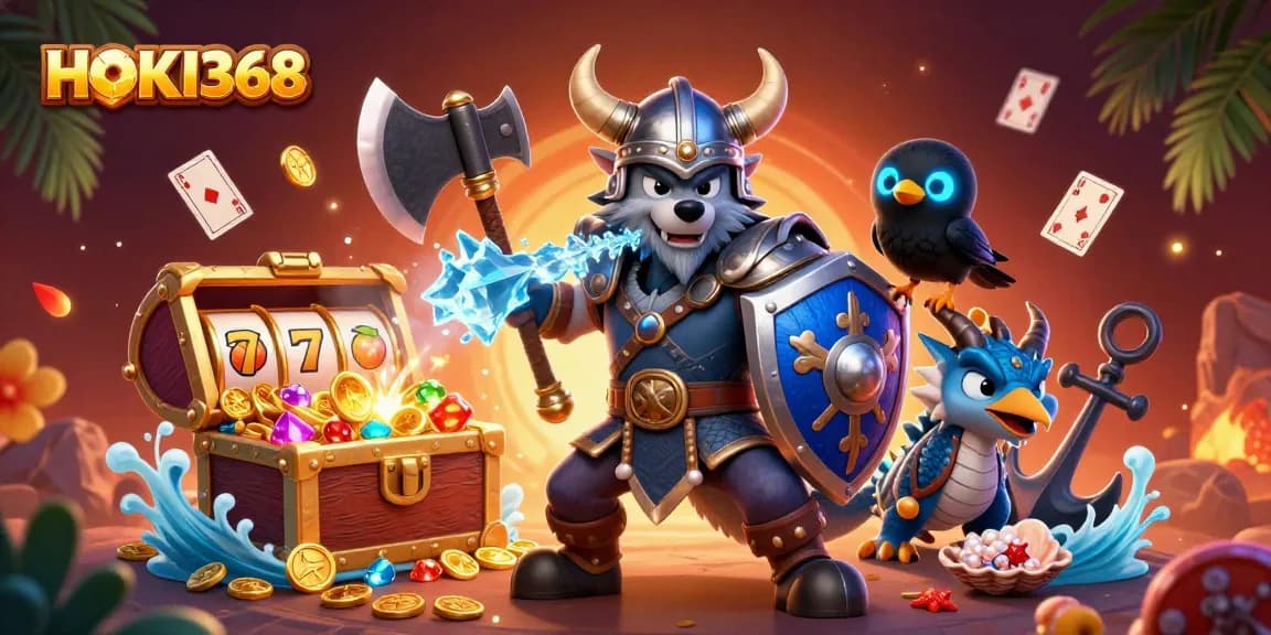 Catch the excitement of HOKI368 with cartoon Viking warriors, slot reels, and treasure in an immersive scene.