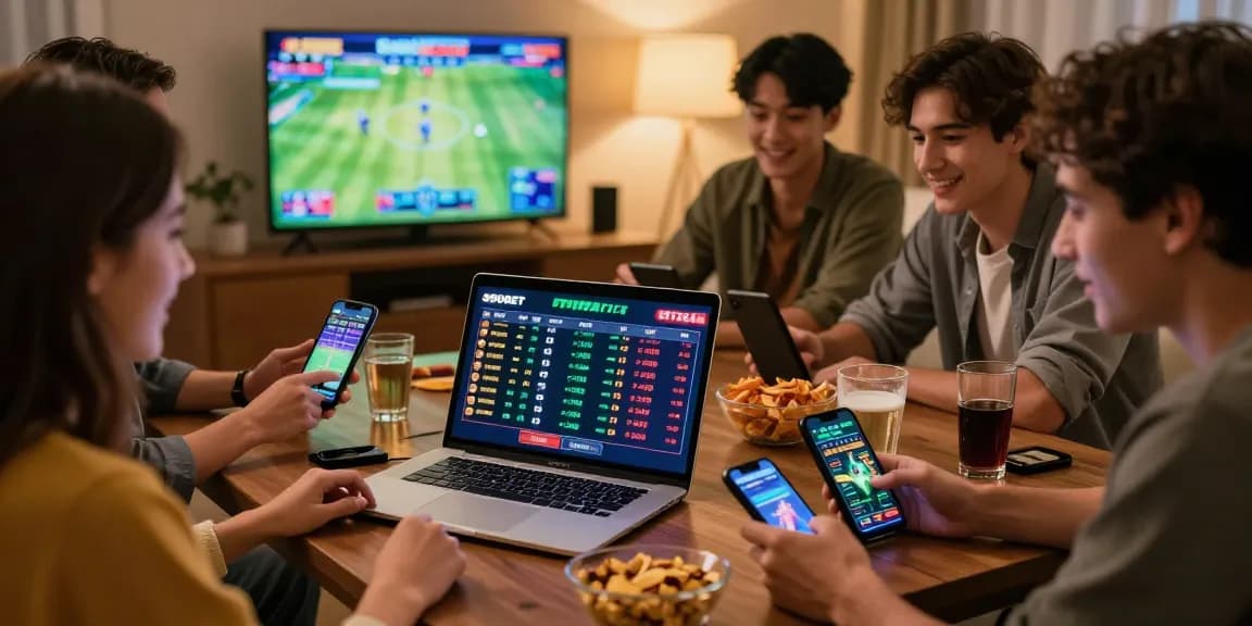 Engaging group of friends using Link Resmi Sbobet Dewacash for live sports betting on multiple devices.
