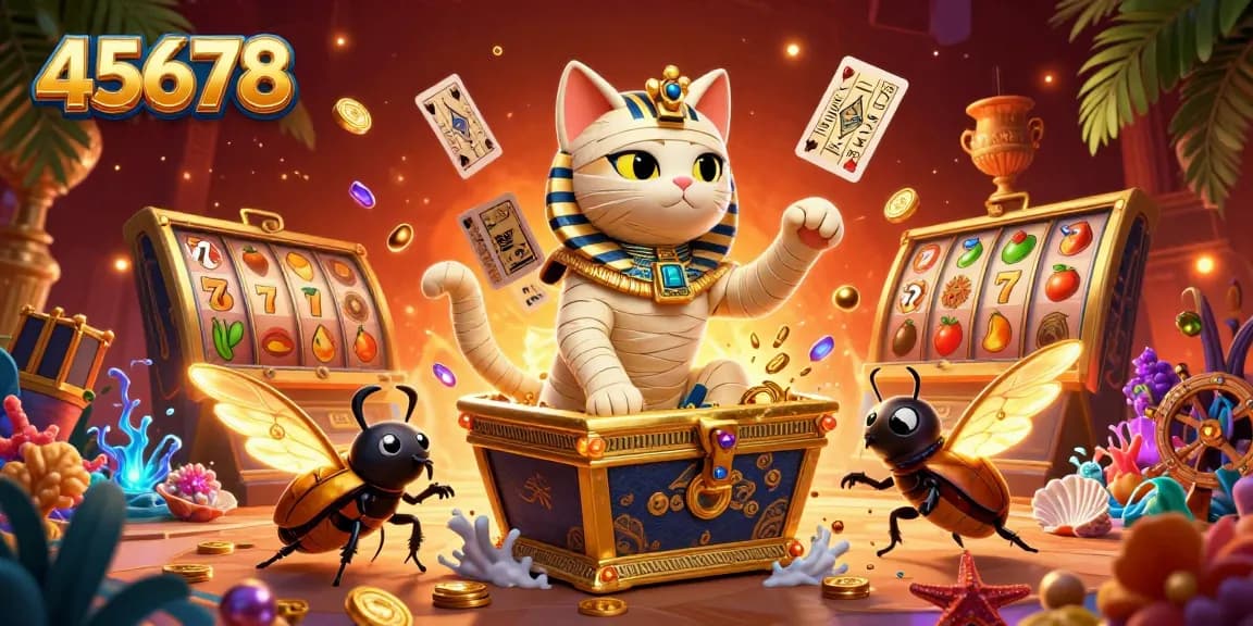 Play thrilling slots and win big with 45678 in this vibrant casino scene featuring Egyptian mythology.