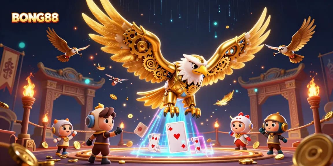 BONG88 showcases a dynamic scene with a cybernetic eagle amidst holographic playing cards in an online casino.