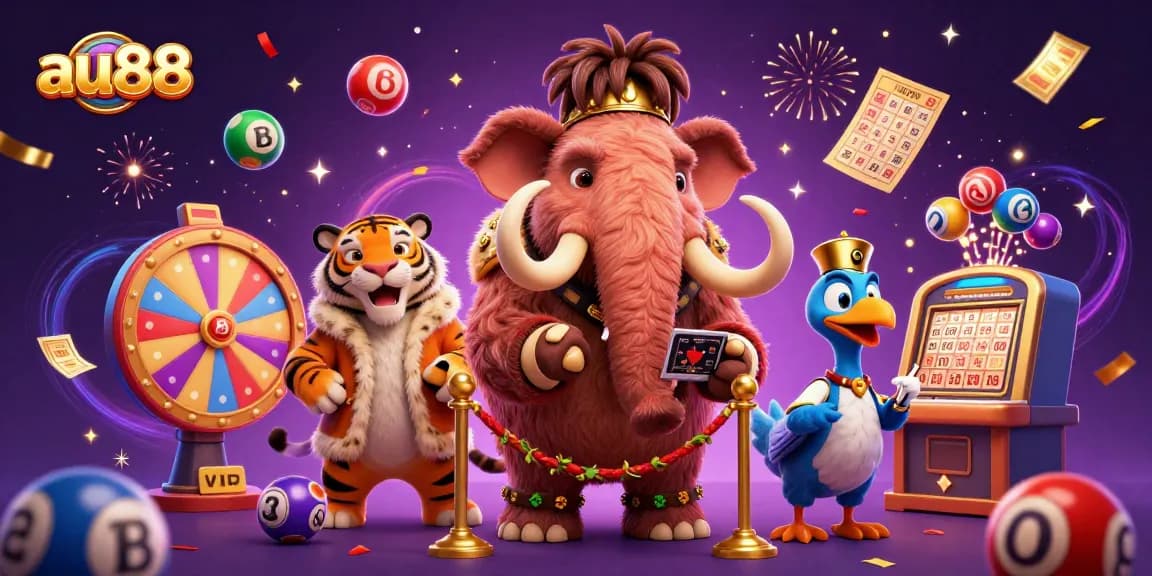 Experience the excitement of au88 with a vibrant 3D casino scene filled with dynamic lottery elements and unique characters.