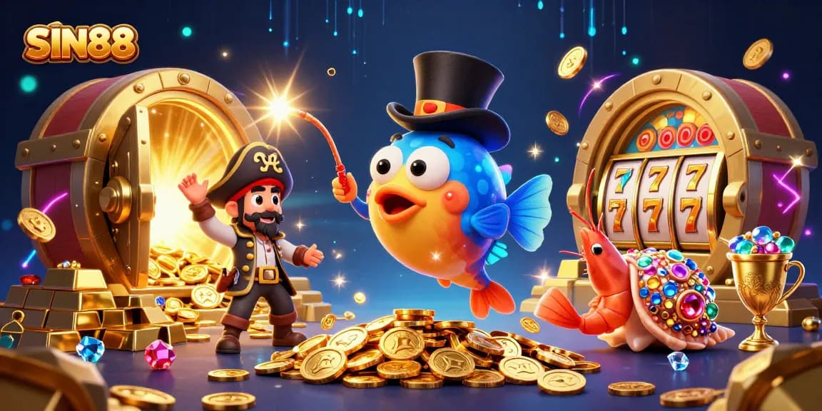 SIN88 brings excitement with a vibrant anglerfish, pirate shrimp, and gem-studded sea snail in a dynamic casino setting.