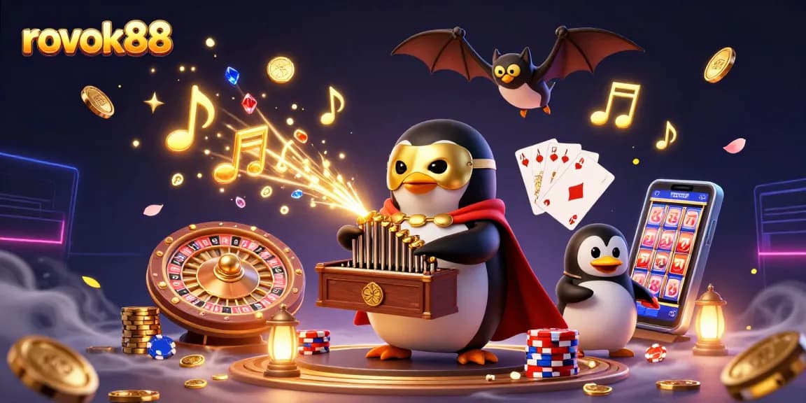 Experience the thrill with rokok88 as the penguin plays a gold-producing organ surrounded by vibrant casino elements.