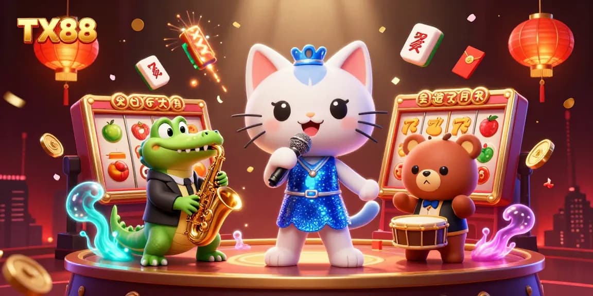 TX88 jazz-singer cat on stage with slot reels, lucky symbols, and lively characters in colorful casino scene.