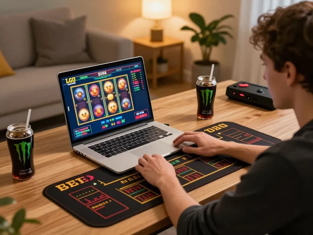 LGO SUPER player enjoying slot games at home, showcasing an interactive online gaming experience.