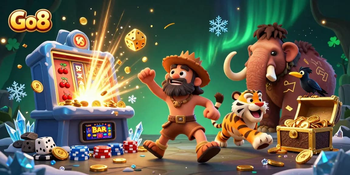 Go8 casino illustration featuring a prehistoric duo and dynamic slot machine action