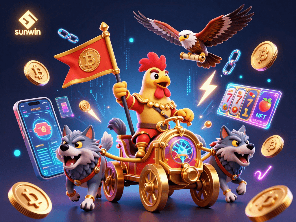 sunwin reveals an energetic 3D casino scene with a rooster warlord, wolves, and crypto elements.