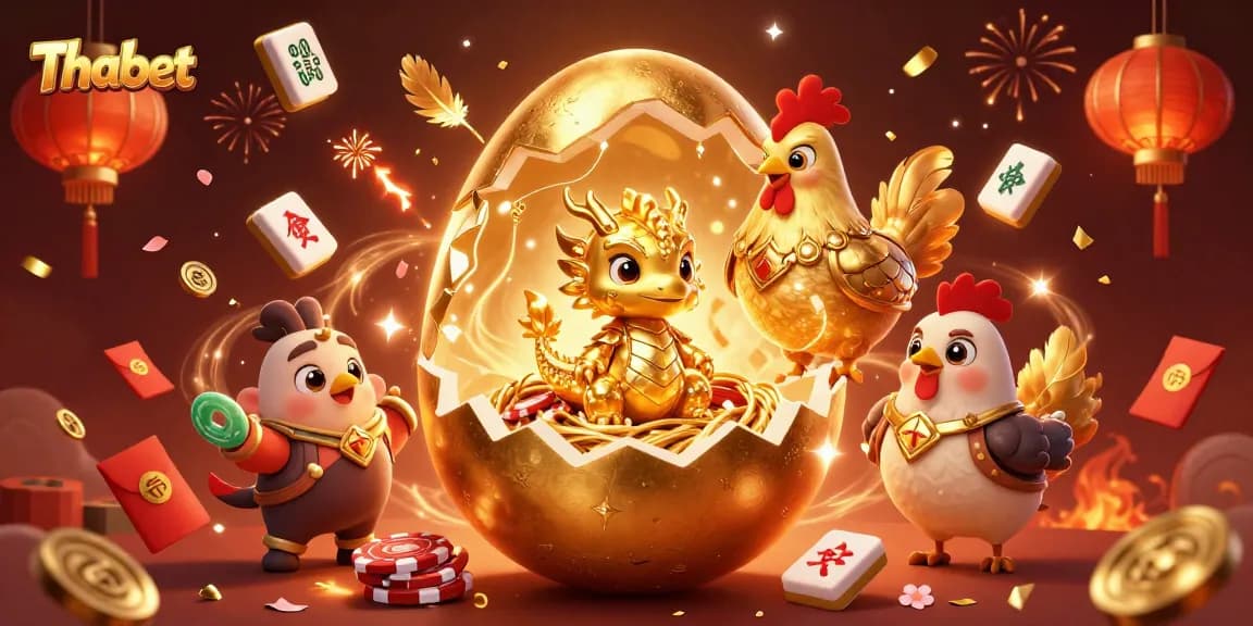 Experience winning thrills at Thabet with a dazzling scene of a golden dragon in a vibrant gaming atmosphere.