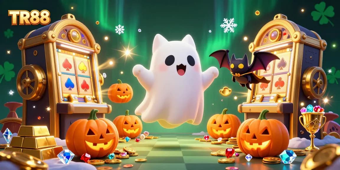 Experience thrill with TR88 at a festive casino, featuring a ghost cat and vampire bat amidst sparkling treasures.
