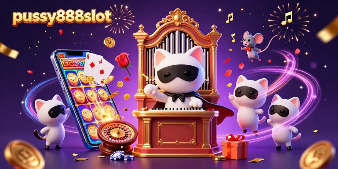 Pussy888slot showcases an exciting casino scene with animated characters and slot gaming elements.