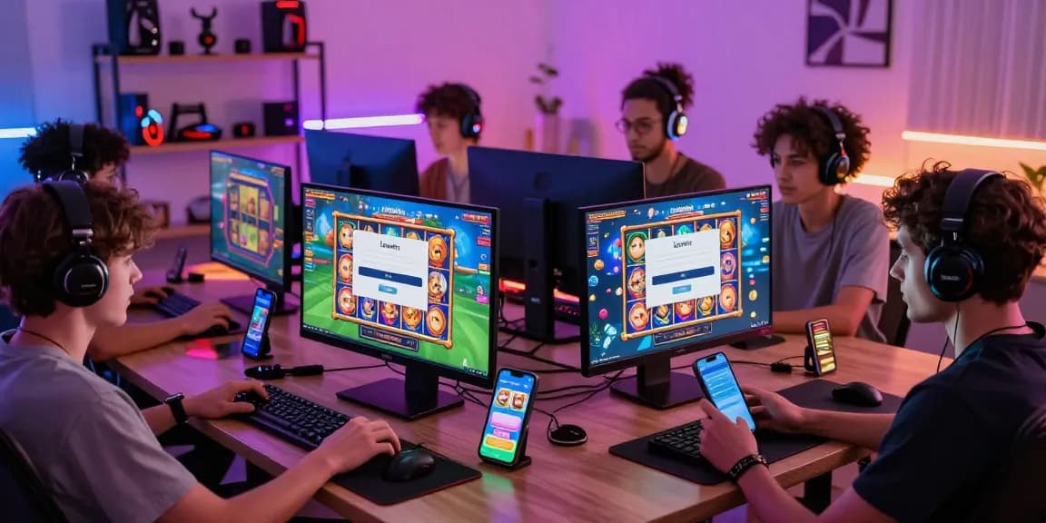 A group of online gamers happily using the lavowin login on various devices in a vibrant gaming setup.