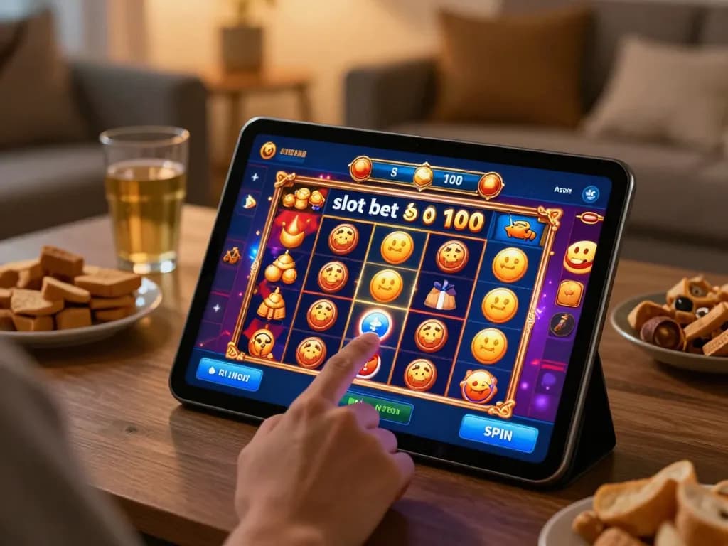Engaging home scene of a player experiencing a thrilling moment with slot bet 100 on a tablet, highlighting casino excitement.