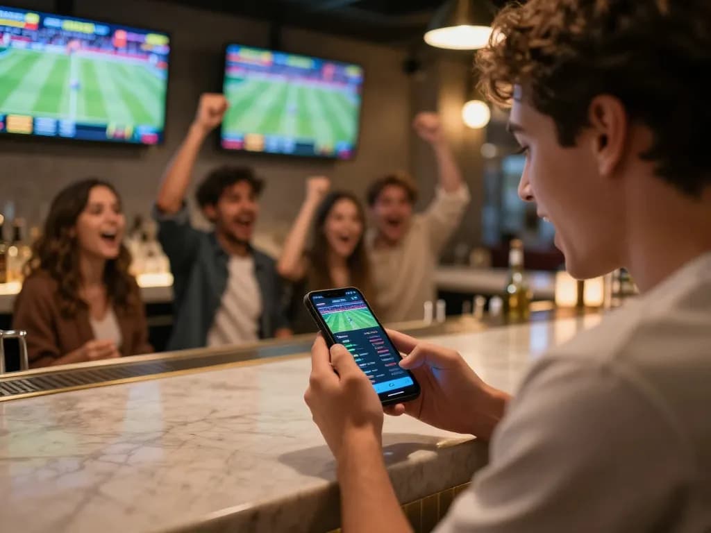 Scena coinvolgente di scommesse sportive utilizzando l'app del bookmaker non AAMS in un bar vivace con amici che festeggiano.