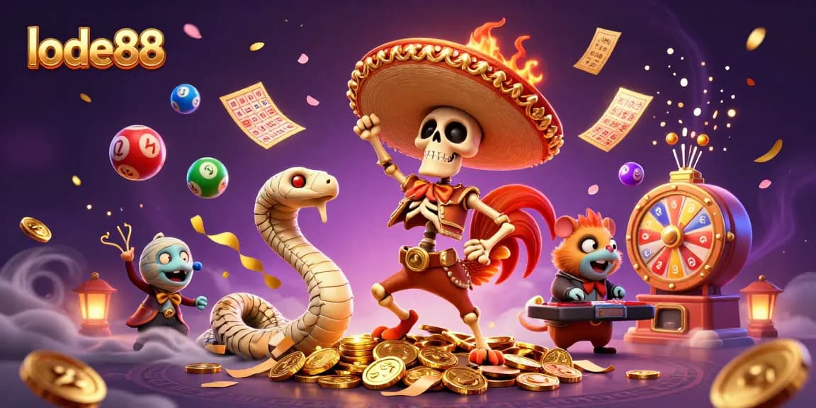 Win big with lode88! A lively 3D scene featuring a mariachi rooster dancing and vibrant casino elements.