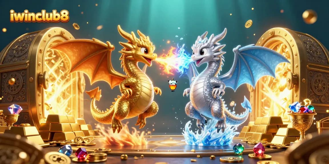 Engage with iwinclub8's exciting treasures as twin dragons showcase dynamic fire and ice in a vibrant casino world.