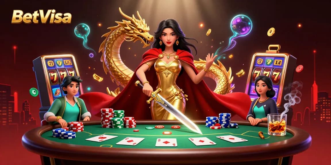 Experience BetVisa's thrilling poker gameplay with a warrior queen and a golden dragon in a vibrant casino scene.