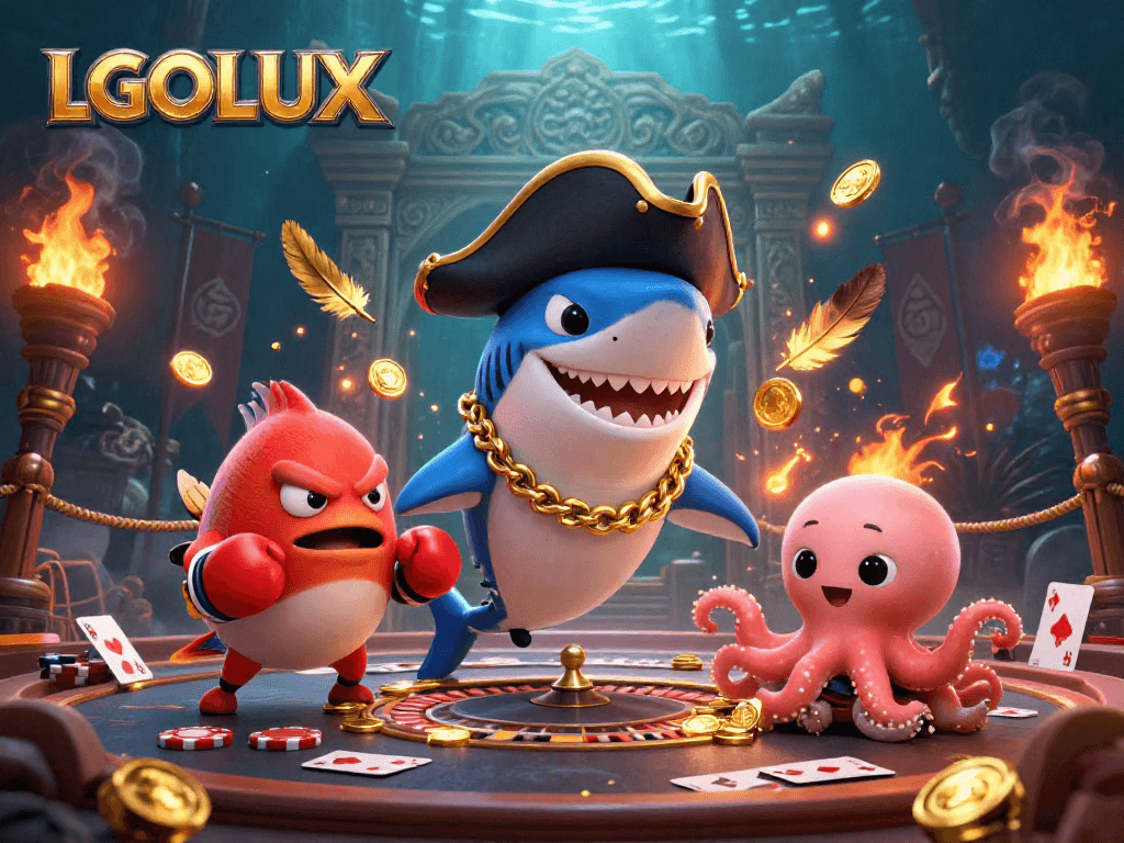 Engage with LGOLUX's vibrant casino world featuring an adventurous shark and playful friends.
