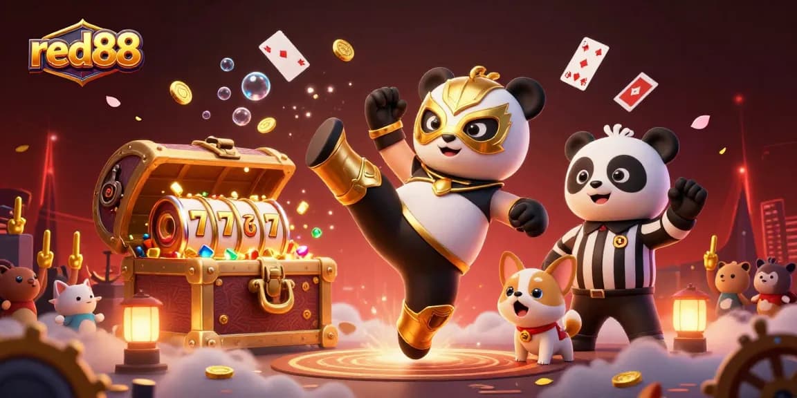 Experience thrilling gameplay at red88 with a panda wrestler and animated casino action.