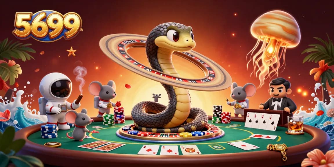 Engage in thrilling poker action at 5699 with vibrant casino characters in cosmic settings.