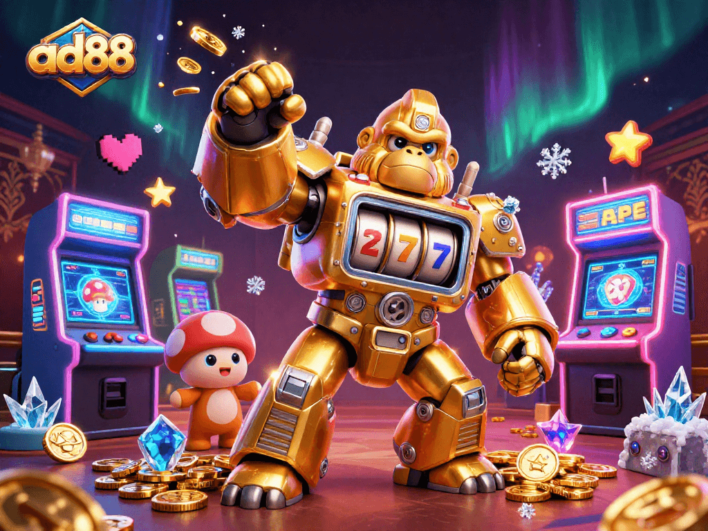 Spin the reels with ad88's dynamic casino gaming scene featuring colorful arcade elements.