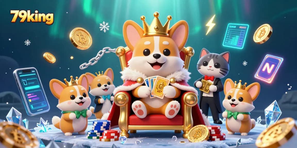 Experience the royal gaming atmosphere at 79king with an engaging 3D illustration of a corgi throne.
