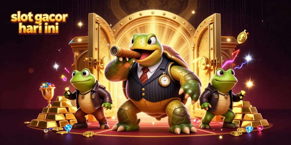 Experience slot gacor hari ini with a vibrant 3D casino scene featuring winning turtles and dazzling treasures.