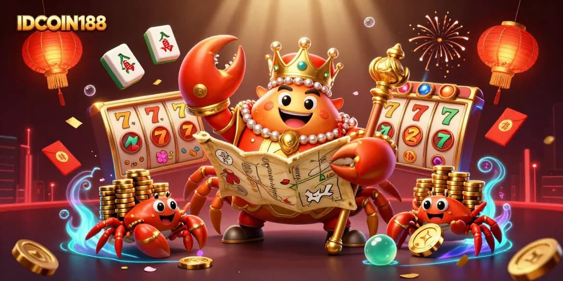 Experience the thrilling excitement of IDCOIN188 as the golden crab emperor reigns among slot reels and vibrant gaming elements.