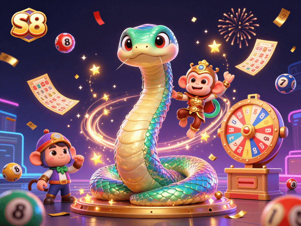 Engage with S8's vibrant casino world featuring a colorful lottery scene.