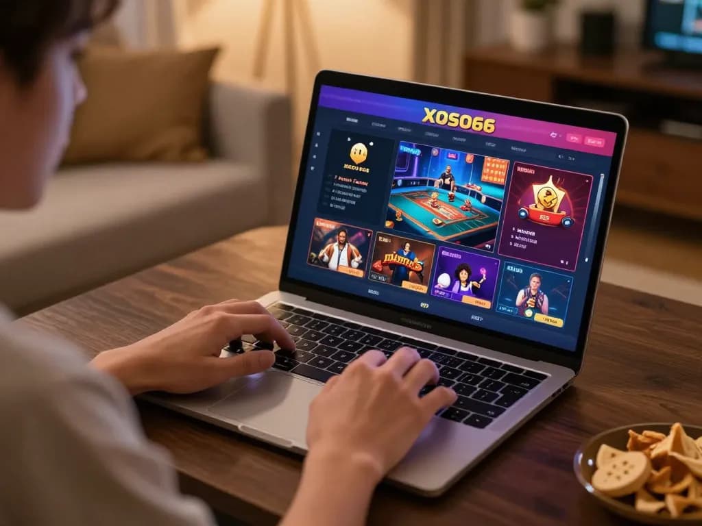 Engaging in online casino gaming on XOSO66 with a laptop in a cozy home setup