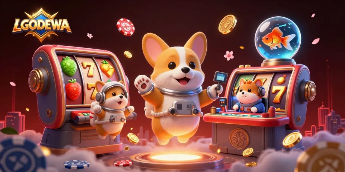 Win big with LGODEWA in this vibrant 3D casino scene featuring dynamic slot reels and cheerful characters.