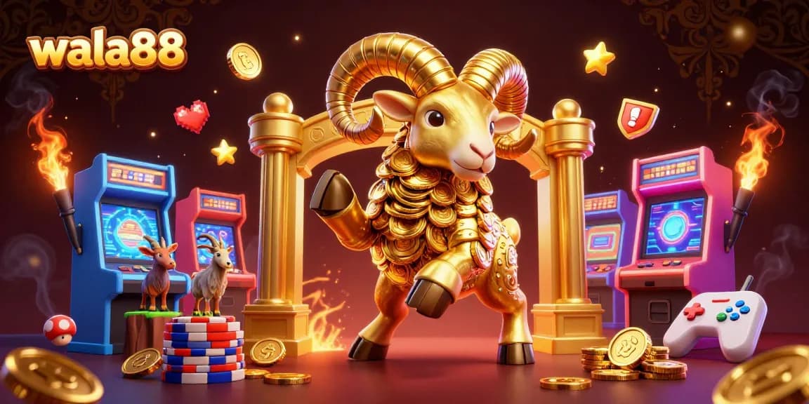 Experience the thrill of wala88 with intense cockfighting action featuring a charging golden ram amidst vibrant game elements.